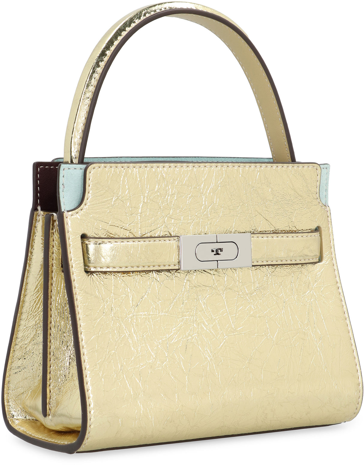 TORY BURCH Mini Lee Radziwill Metallic Gold Leather Handbag with Suede Accents and Silver-Tone Hardware - 19x16x9.5 cm