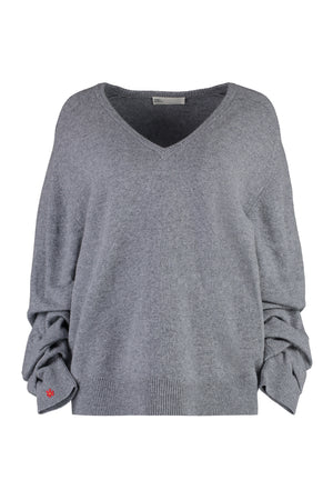 TORY BURCH Gathered Sleeve Grey Wool V-Neck Sweater for Women
