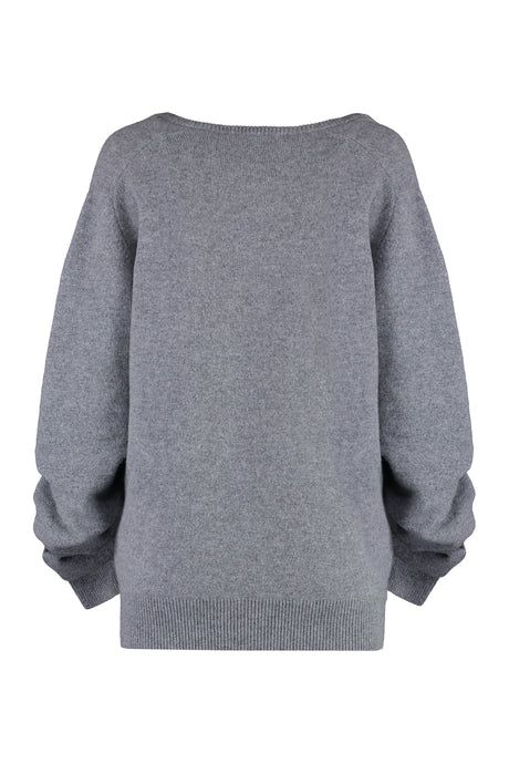 TORY BURCH Gathered Sleeve Grey Wool V-Neck Sweater for Women