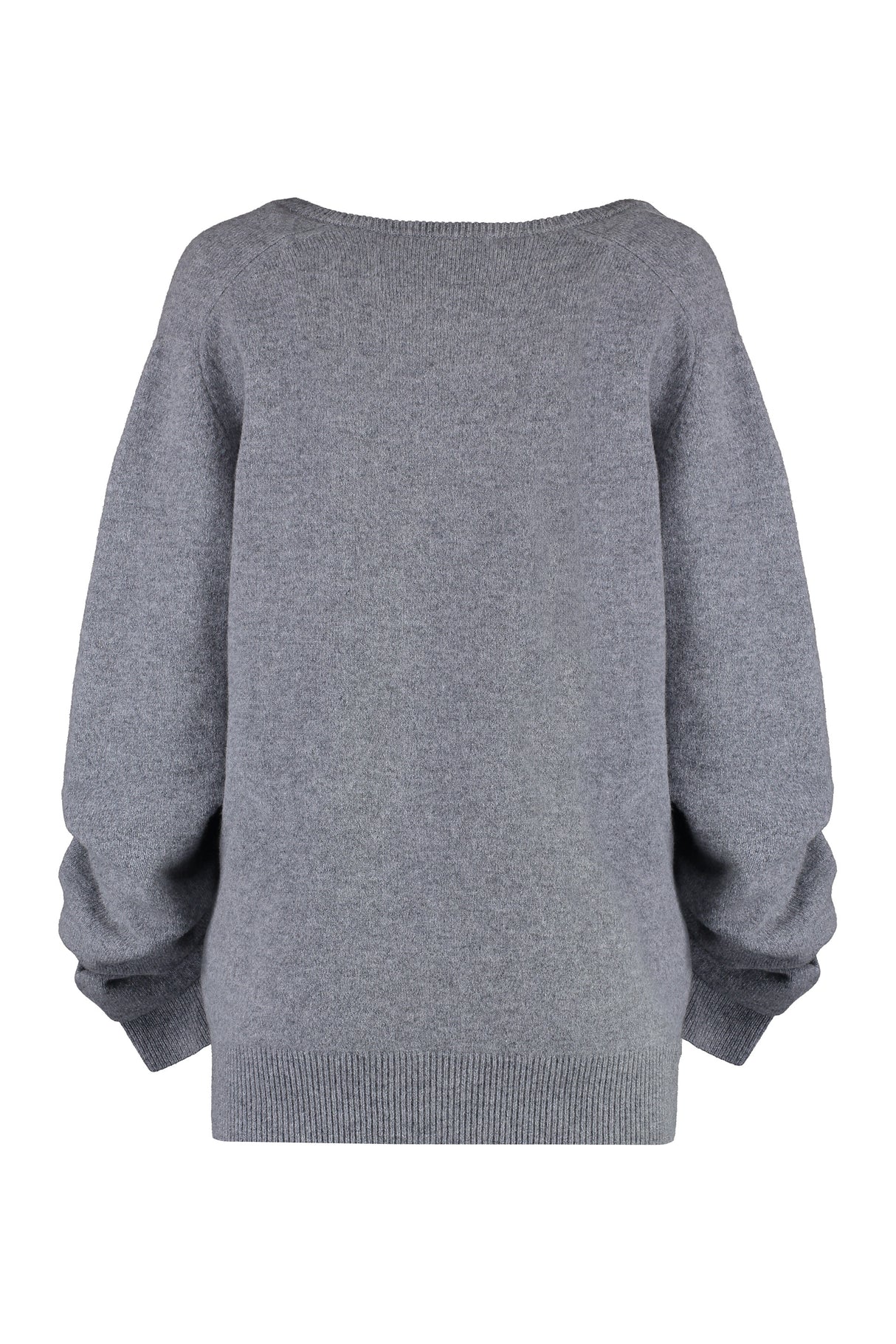 TORY BURCH Gathered Sleeve Grey Wool V-Neck Sweater for Women