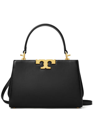 TORY BURCH Eleanor Mini Black Leather Tote with Suede Trim and Gold-Tone Accents