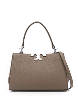 TORY BURCH Mini Eleanor Pebbled Leather Tote in Wild Mushroom with Monogram Plaque and Detachable Strap