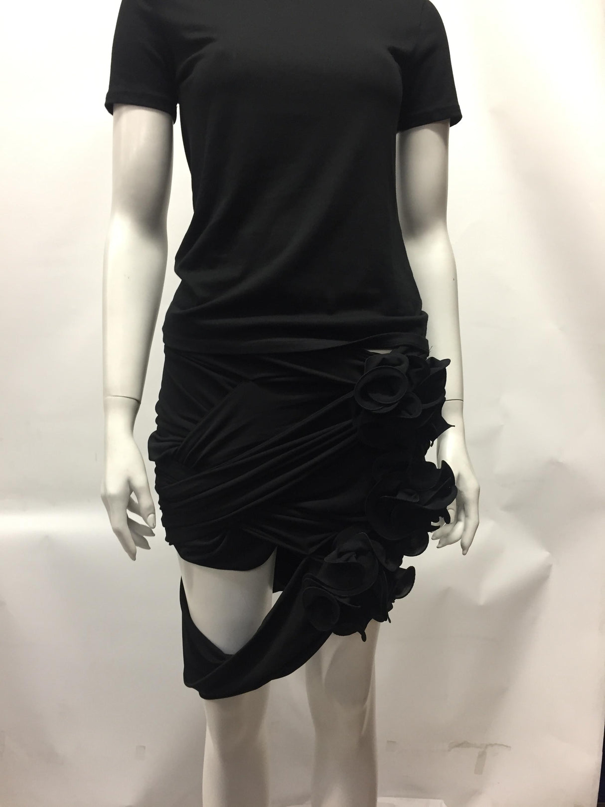 Black Asymmetric Mini Skirt with Flower Embellishments - FW22