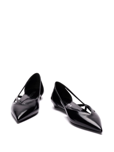 PRADA Brushed Leather Cut-Out Ballerinas - 1.5 cm Heel