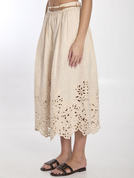 ZIMMERMANN Embroidered Midi Skirt with Detachable Belt