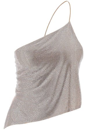 GIUSEPPE DI MORABITO Beige Crystal-Covered Mesh Asymmetric Cropped Top for Women