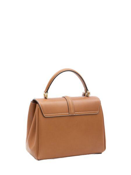 CELINE Small Calfskin Leather Handbag in Tan with Gold-Tone Hardware, Detachable Strap and Lock Closure, 23x18x10 cm