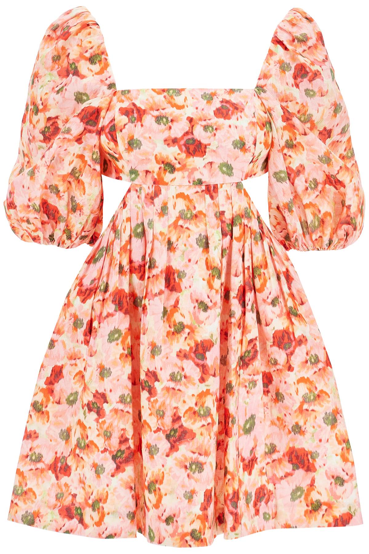 ZIMMERMANN Linen Floral Mini Dress with Balloon Sleeves and Pleated Skirt