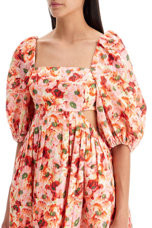 ZIMMERMANN Linen Floral Mini Dress with Balloon Sleeves and Pleated Skirt