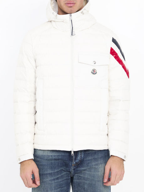 MONCLER Men's White Short Down Jacket with Tricolor Detail