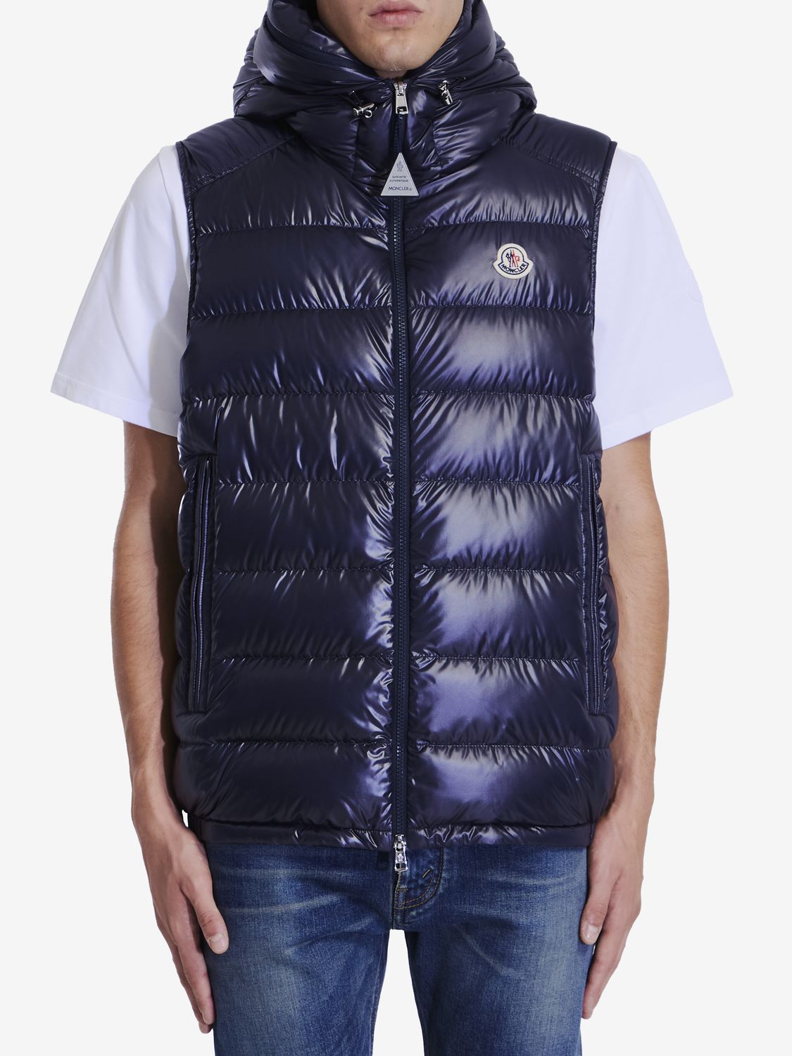 MONCLER Navy Blue Down Vest with Dual Hood Design