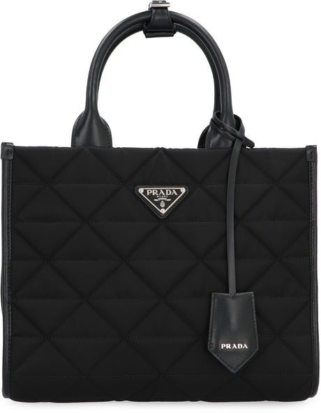 PRADA Quilted Black Nylon Tote - Recycled and Leather Details, Removable Charm, Adjustable Strap, Silver Hardware - Women's FW23
