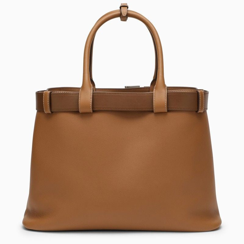 PRADA Large Caramel Leather Handbag with Buckle Detail