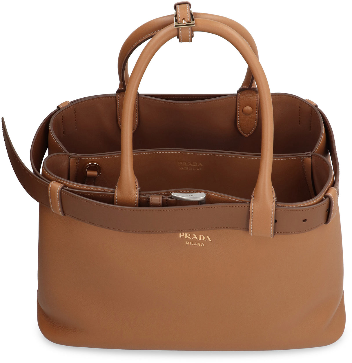 PRADA Saddle Brown Leather Tote Bag for Women with Removable Belt and Gold-Tone Hardware