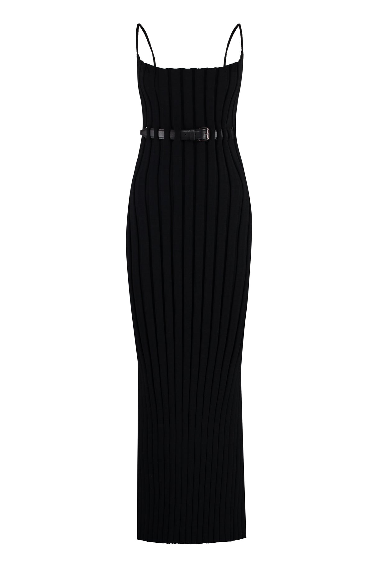 ALEXANDER WANG Black Knit Dress with Coordinated Leather Belt and Back Slit