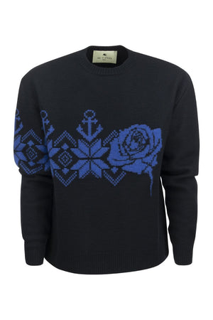 ETRO Blue Inlaid Jacquard Wool Jumper for Men