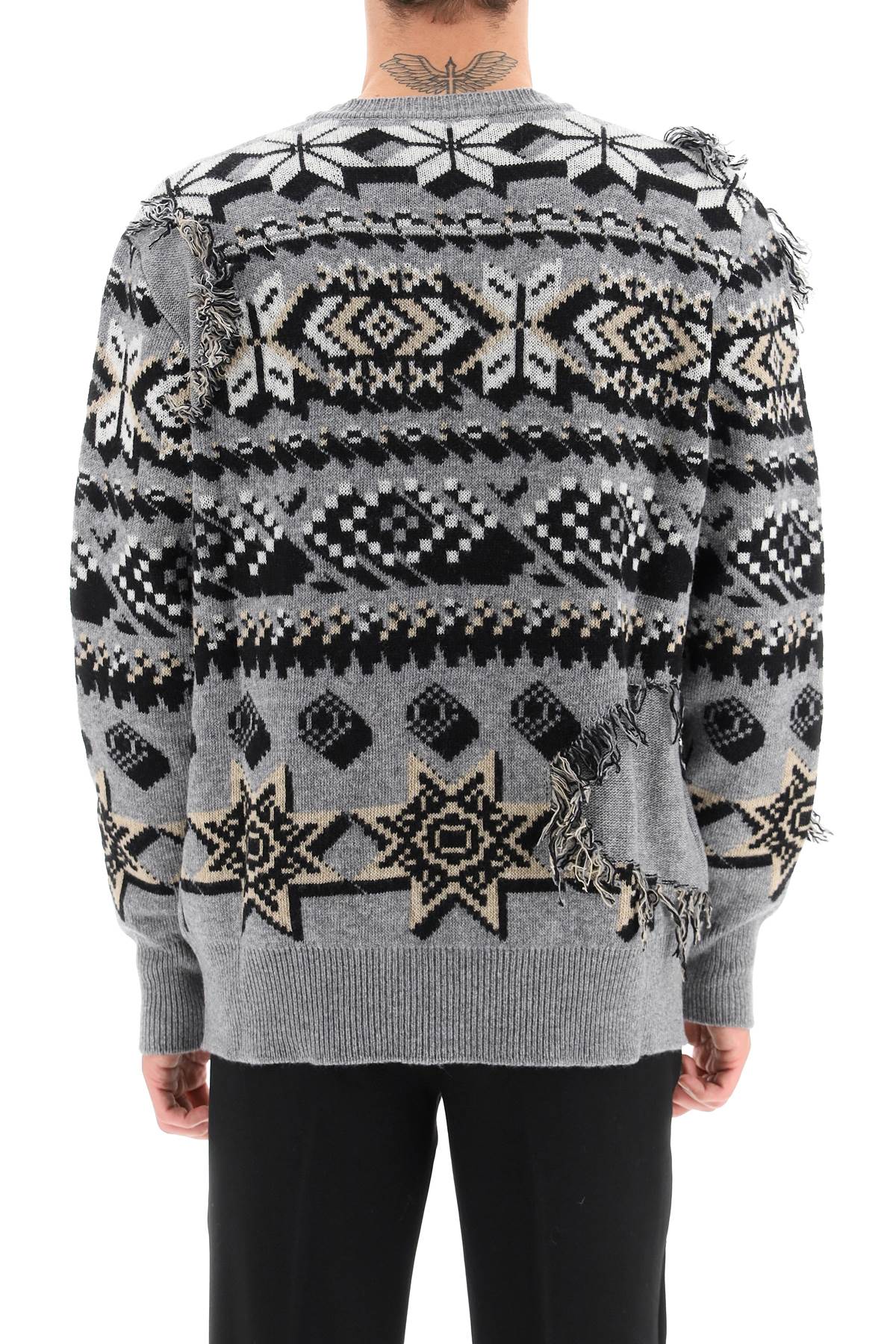 ETRO Men's Wool Jacquard Jumper in Grey with Wolf Embellishment and Geometric Patterns