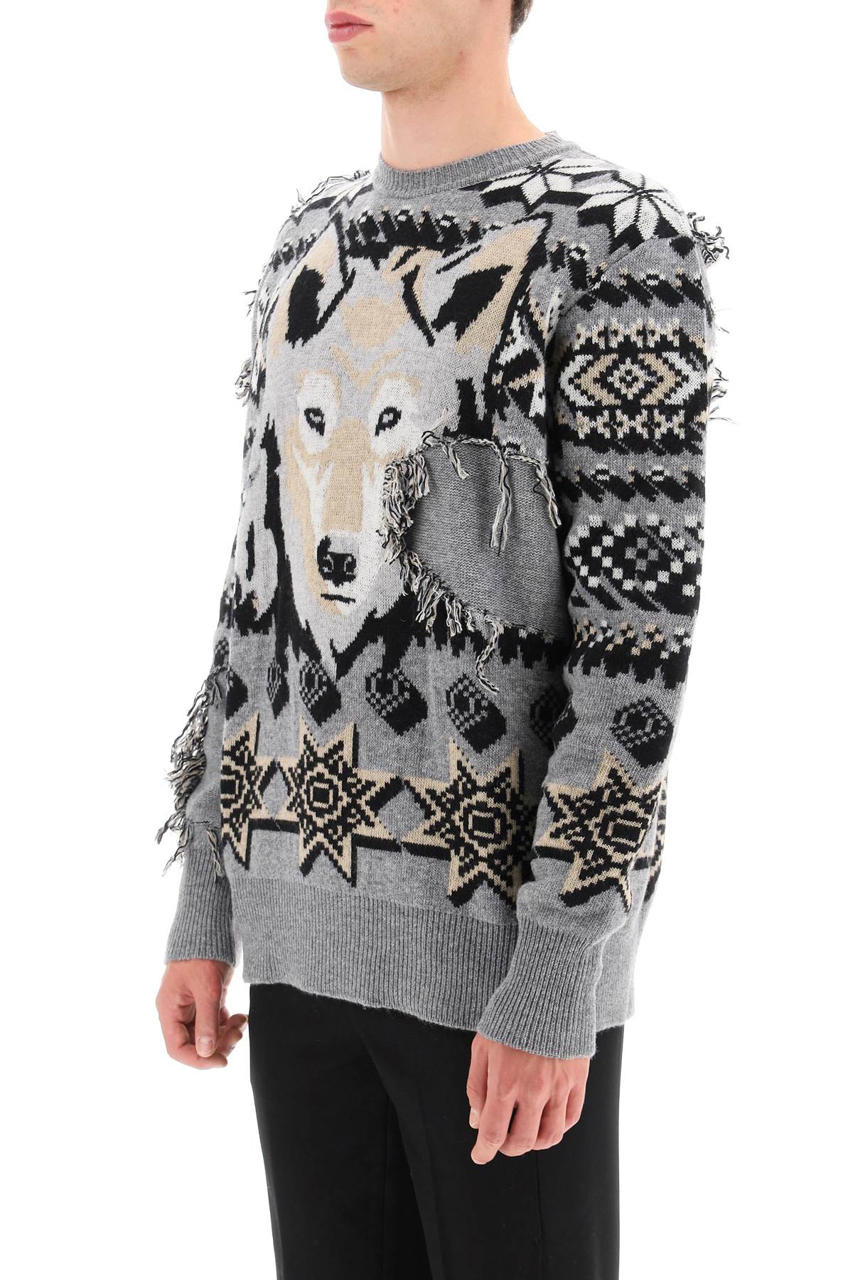 ETRO Men's Wool Jacquard Jumper in Grey with Wolf Embellishment and Geometric Patterns