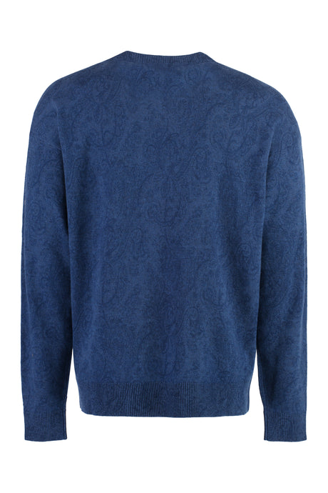 ETRO Stylish Blue Wool Sweater for Men with Paisley Motif and Ribbed Edges