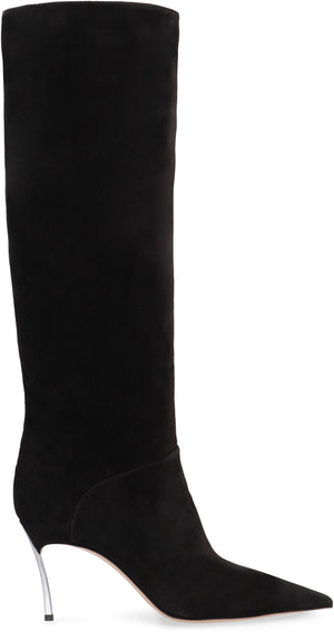 CASADEI Elegant Suede Pointy Toe Boots with Metallic Heel