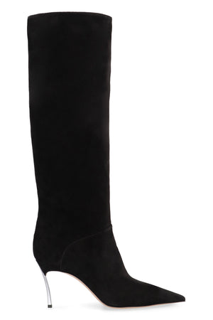 CASADEI Elegant Suede Pointy Toe Boots with Metallic Heel