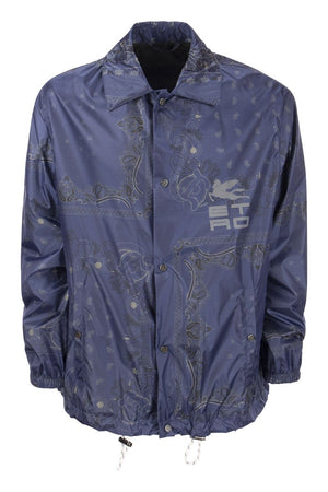 ETRO Blue Paisley Nylon Jacket for Men - Regular Fit, Snap Button Closure, Pockets and Elastic Cuffs