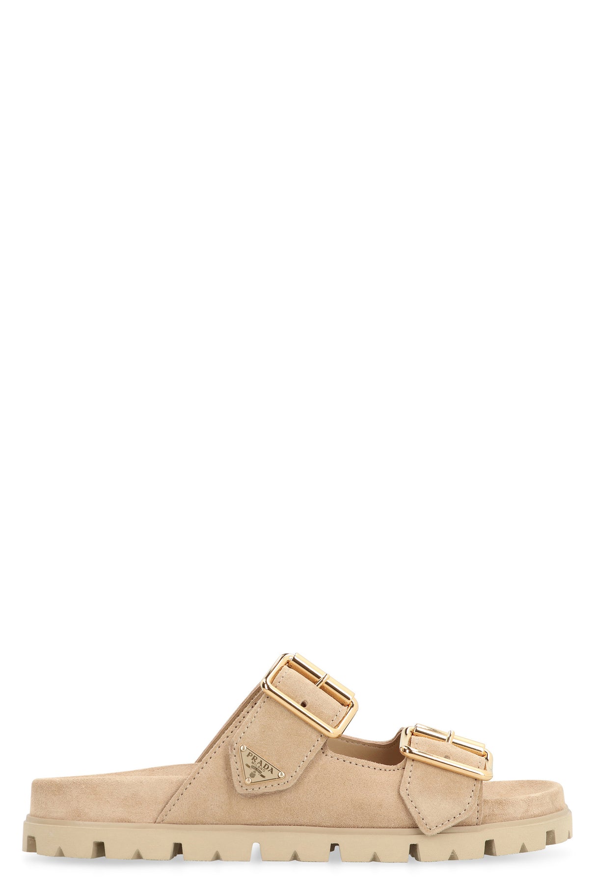 PRADA Elegant Suede Slide Sandals with Gold Buckle Accents