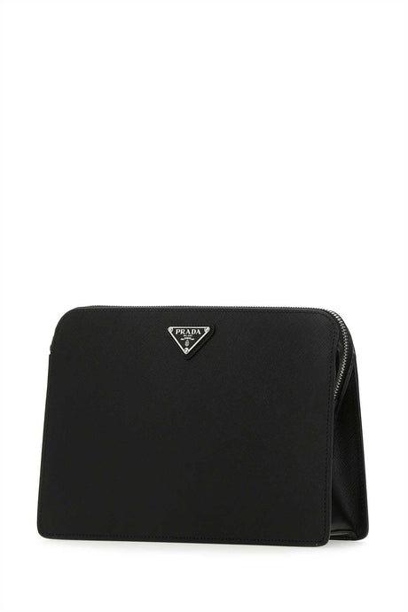 PRADA Sleek Black Leather Clutch - Width: 27 cm, Height: 17 cm, Depth: 6 cm