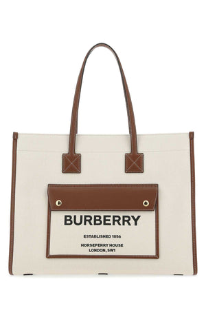 BURBERRY Two-tone Leather and Canvas Medium Freya Shopping Bag