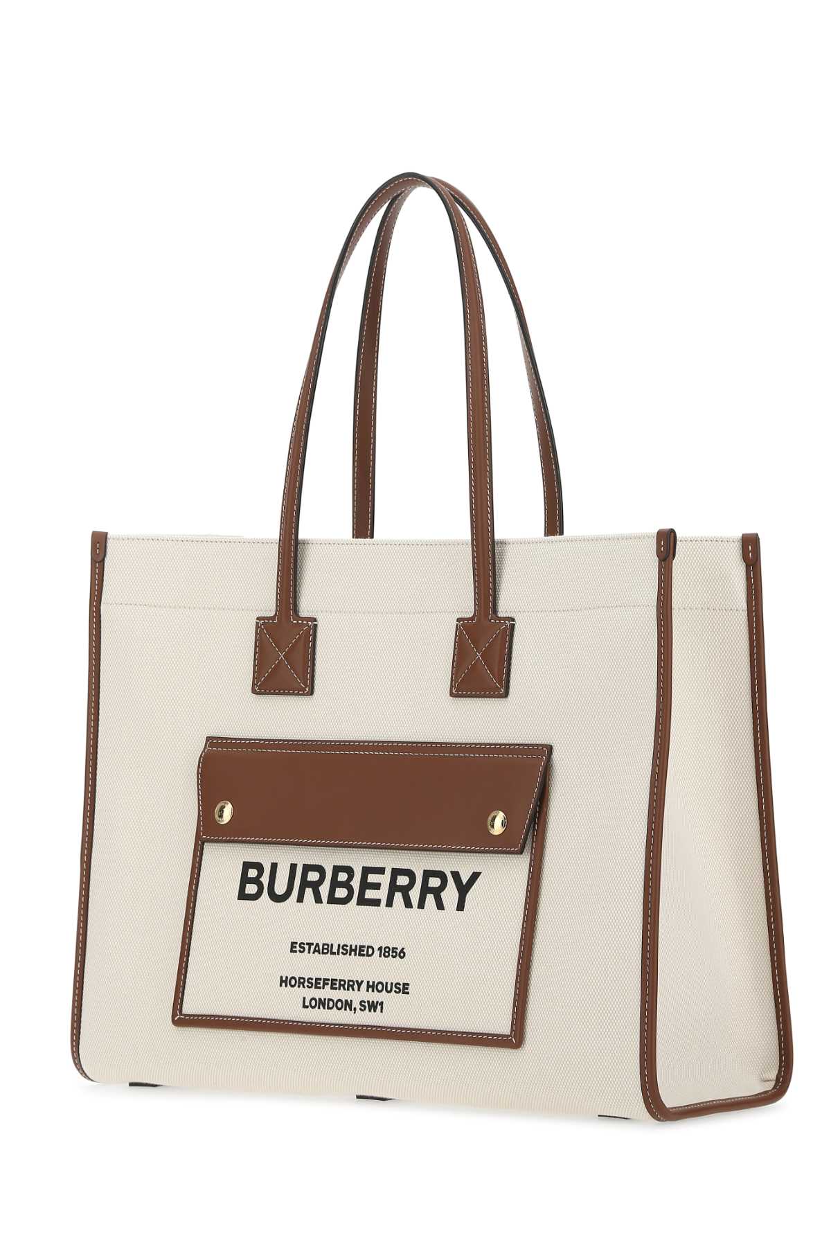 BURBERRY Two-tone Leather and Canvas Medium Freya Shopping Bag