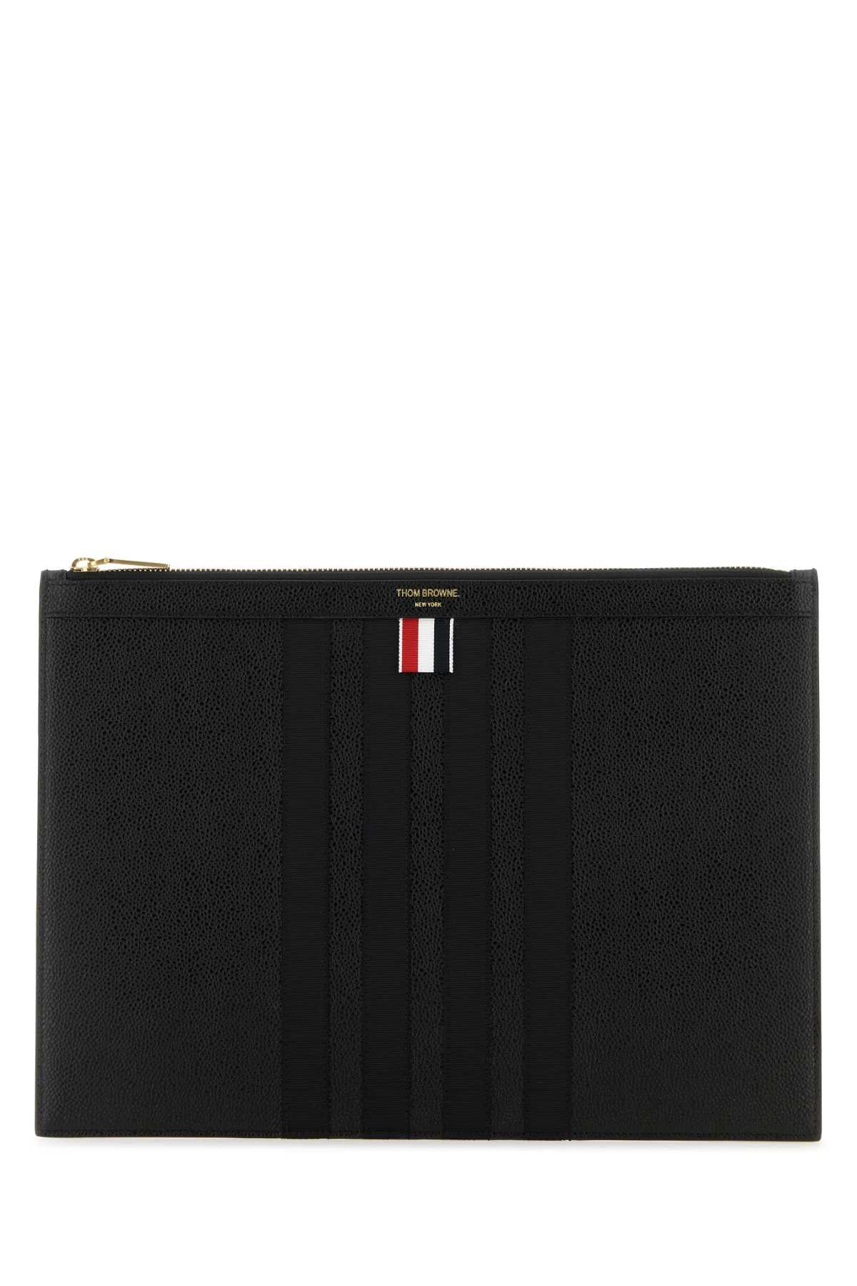 THOM BROWNE Sleek Black Leather Clutch - 35 cm x 26 cm