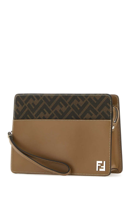 FENDI Embroidered Canvas and Leather Standing Clutch - 24cm x 17cm x 6cm