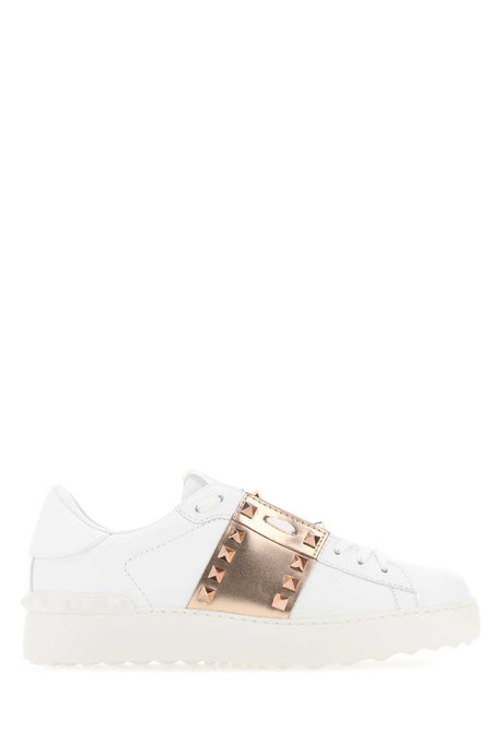 VALENTINO GARAVANI Leather Rockstud Untitled Sneakers with Gold Rose Band