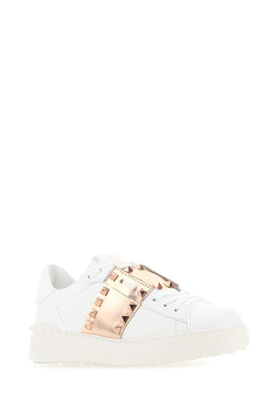 VALENTINO GARAVANI Leather Rockstud Untitled Sneakers with Gold Rose Band