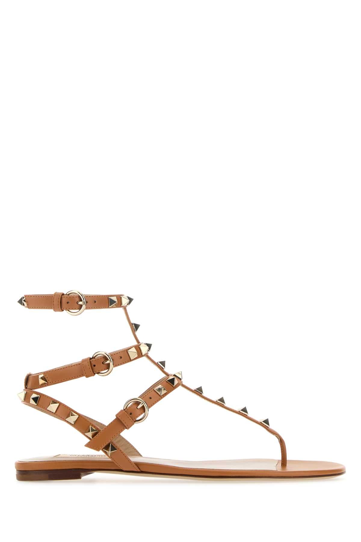 VALENTINO GARAVANI Camel Leather Rockstud Thong Sandals for Women