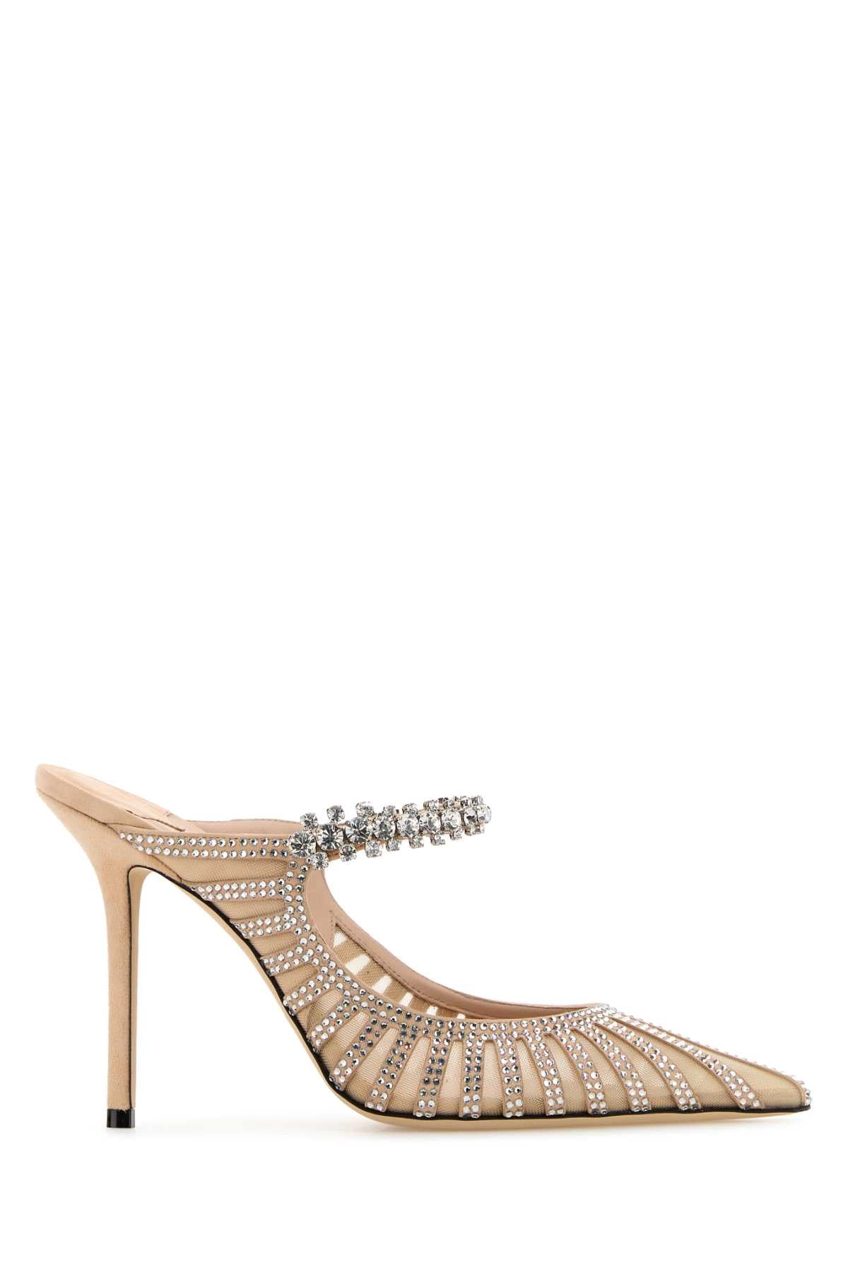 JIMMY CHOO Embellished Leather and Mesh 100 Flat Shoes