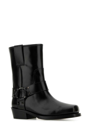 VALENTINO GARAVANI Rockstud Black Leather Biker Ankle Boots