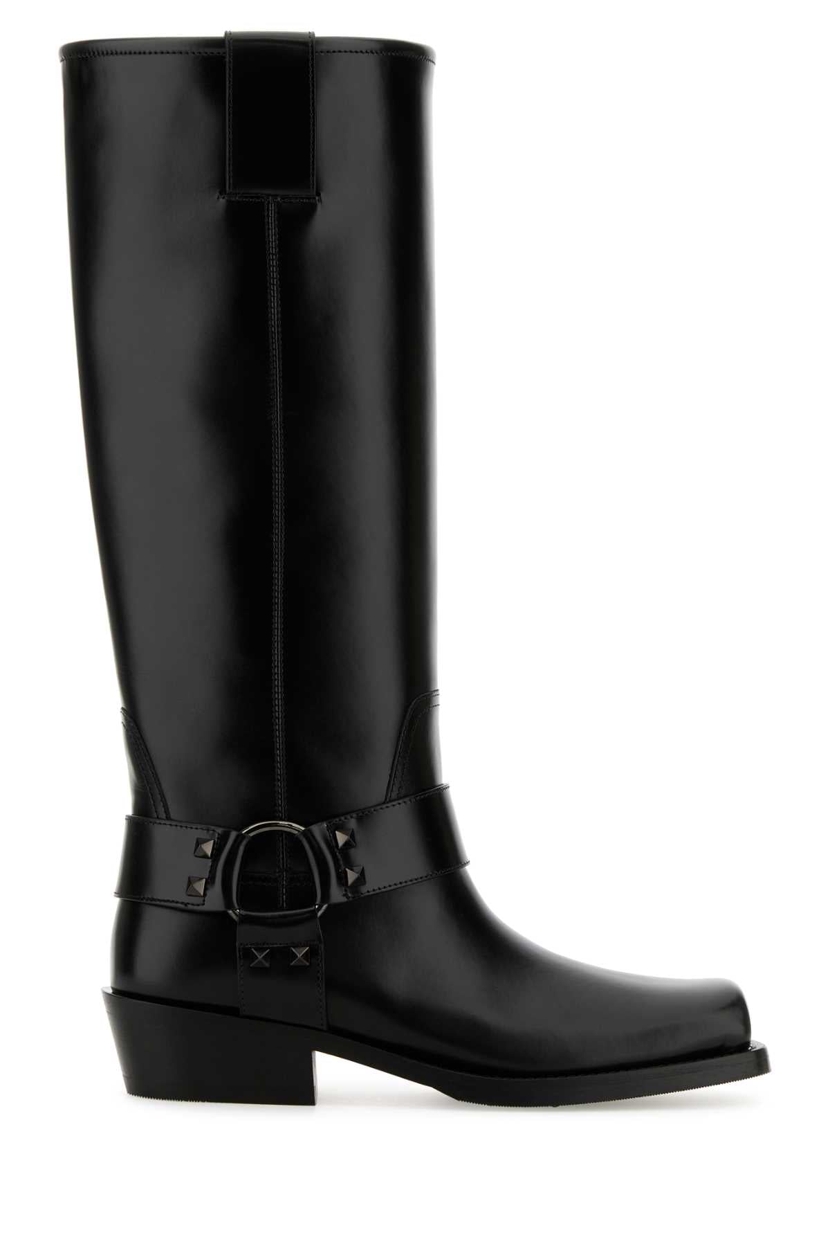 VALENTINO GARAVANI Black Leather Biker Rockstud Boots for Women