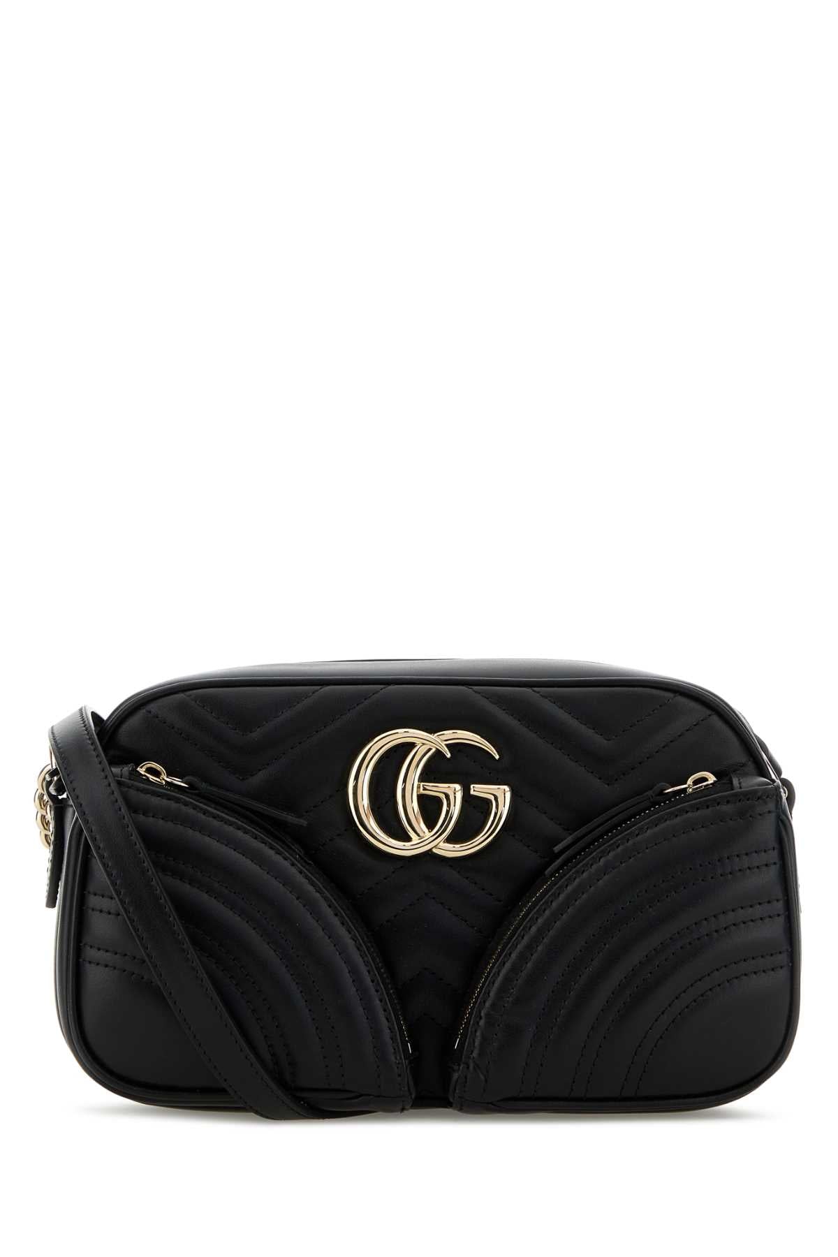 GUCCI Mini Black Leather GG Marmont Crossbody Handbag