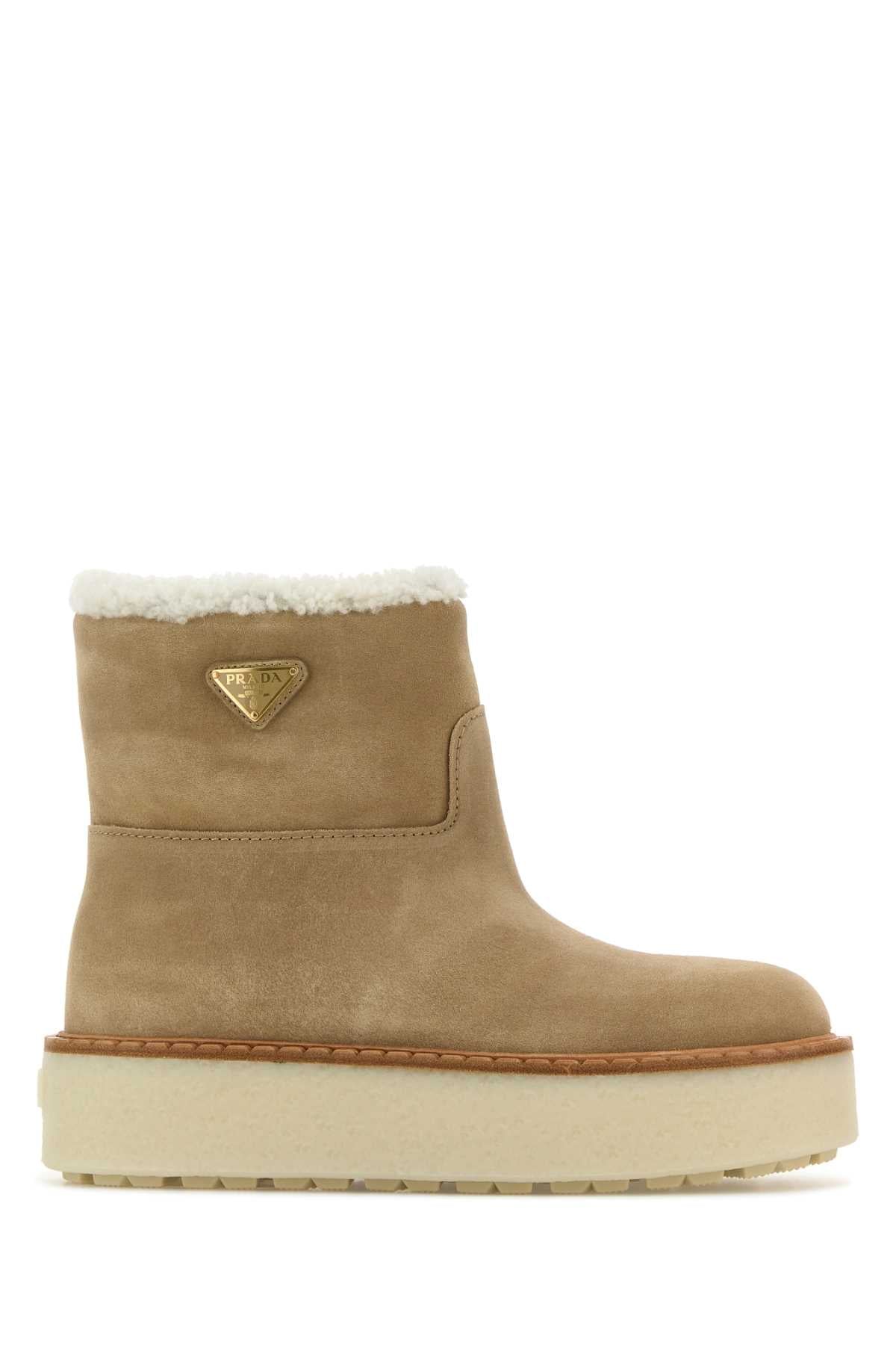 PRADA Beige Suede Ankle Boots with 4cm Platform Height