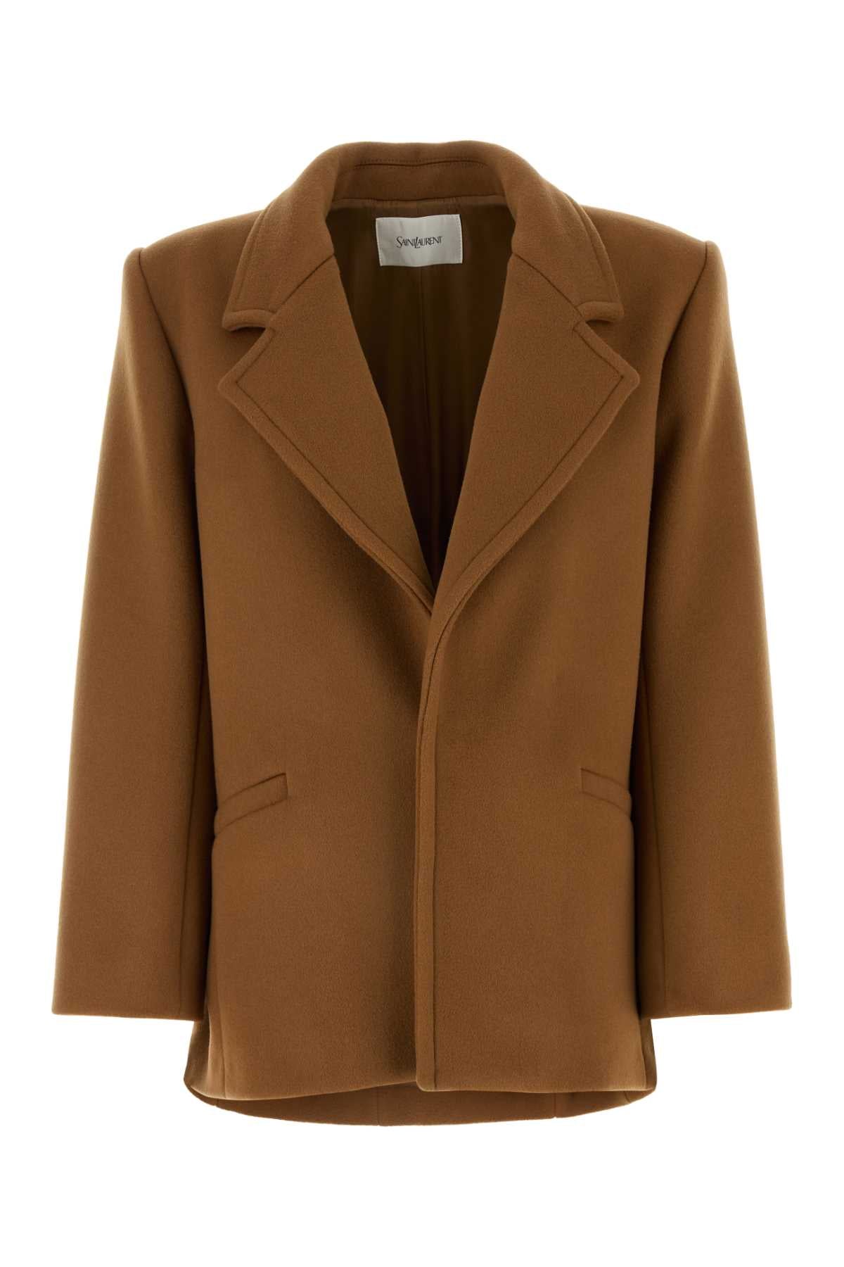 SAINT LAURENT Elegant Camel Wool Coat - Women's Outerwear