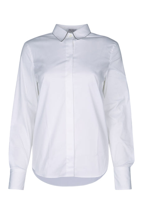 BRUNELLO CUCINELLI Cotton Poplin Shirt with Monili Trim at Collar - Women's