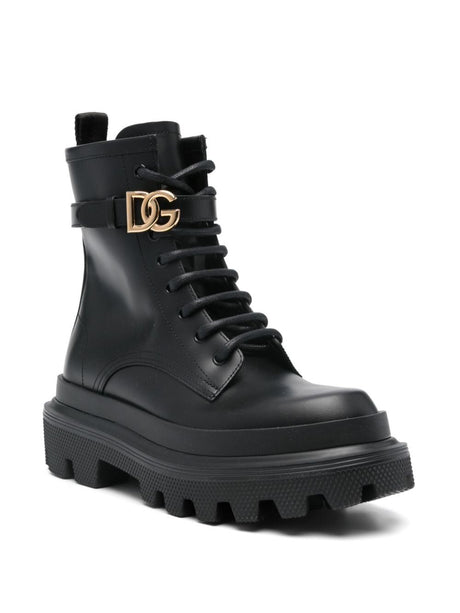 DOLCE & GABBANA Men's Calf Leather Boots with Logo Buckle