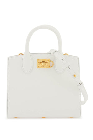 FERRAGAMO White Mini Studio Box Leather Handbag with Gancini Motif