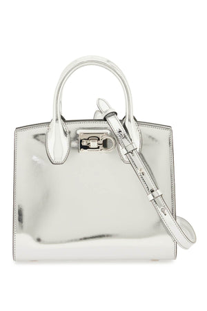 FERRAGAMO Salvatore Studio Box Mini Gray Leather Handbag with Iconic Gancini Motif and Adjustable Strap