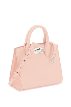 FERRAGAMO Pink Studio Box Handbag in Hammered Leather with Gancini Hook Motif