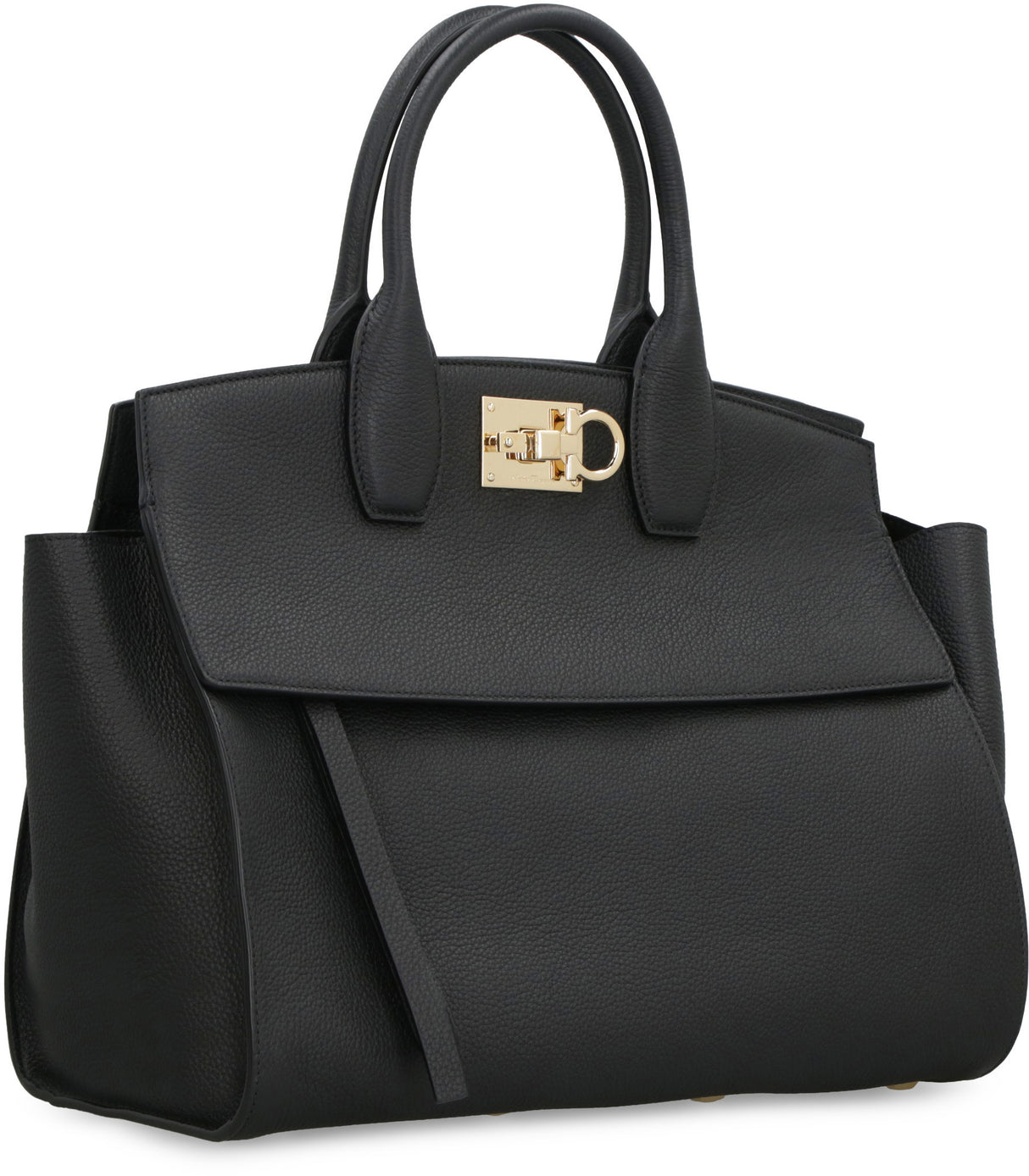 FERRAGAMO Studio Soft Leather Handbag - Black Calfskin, Gold-Tone Hardware, Adjustable Strap