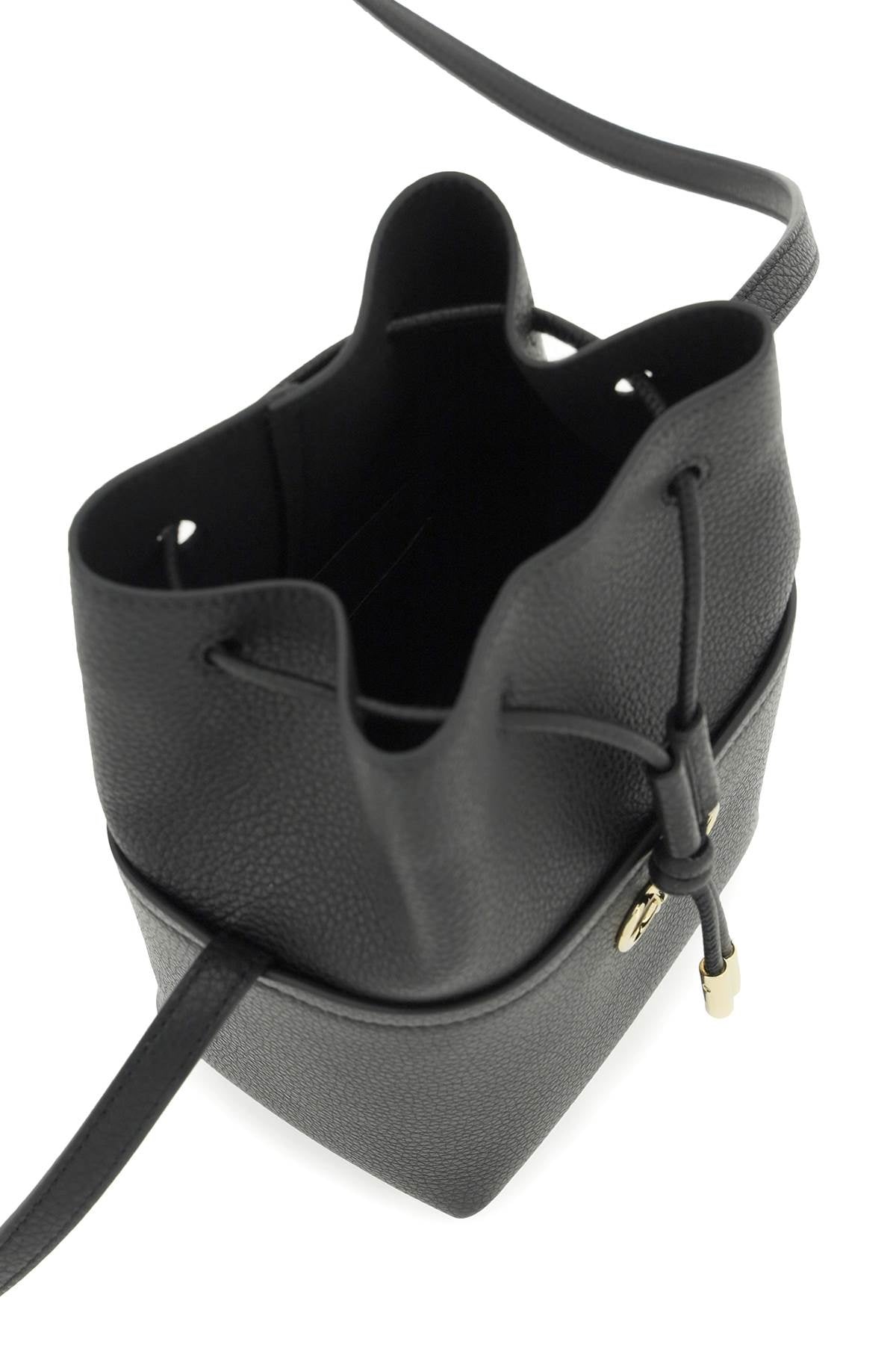 FERRAGAMO Mini Gancini Hook Leather Crossbody Bucket Bag in Black