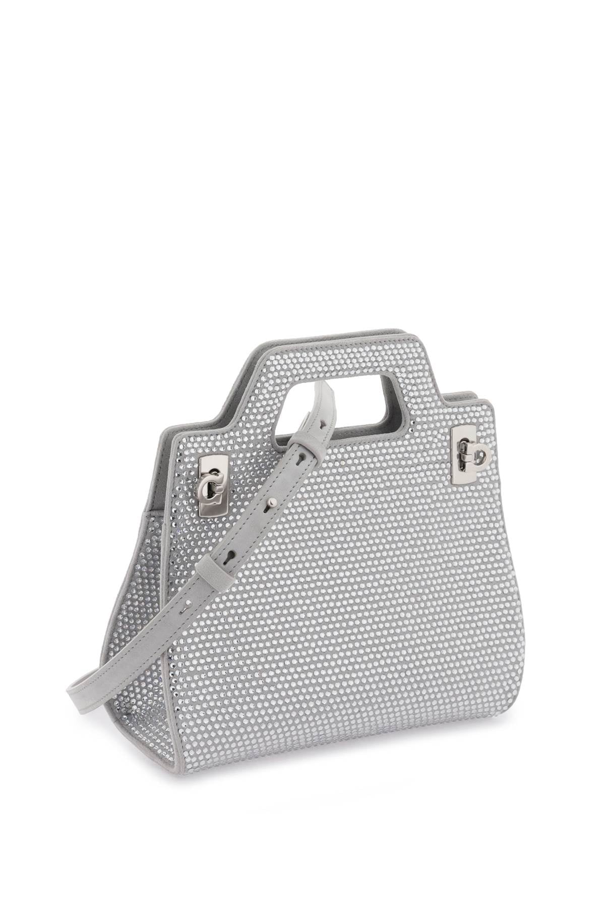 FERRAGAMO Crystal-Studded Suede Mini Handbag with Geometric Design & Silver Accents - Gray