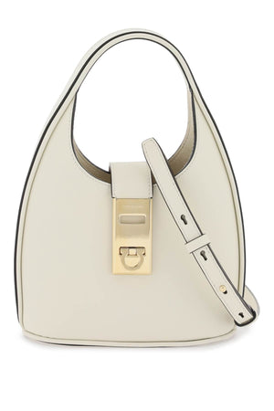 FERRAGAMO Mini White Leather Hobo Handbag with Gancini Buckle and Gold Metalware